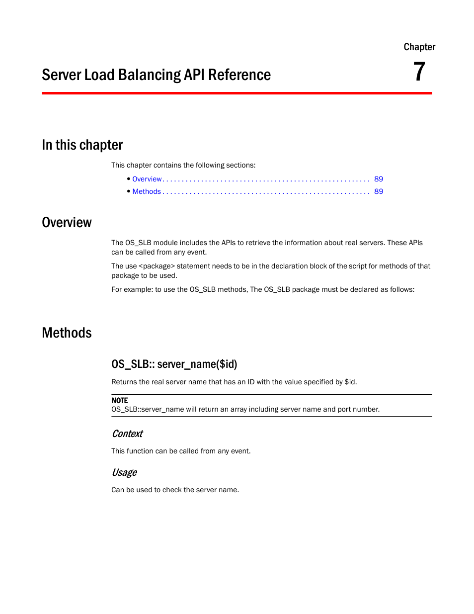 Server load balancing api reference, Overview, Methods | Os_slb:: server_name($id), Chapter 7 | Brocade Virtual ADX OpenScript API Guide (Supporting ADX v03.1.00) User Manual | Page 101 / 132