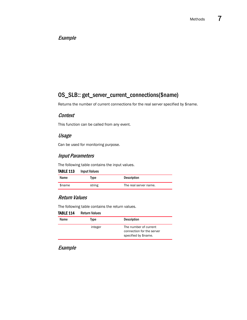 Os_slb:: get_server_current_connections($name), Example, Context | Usage, Input parameters, Return values | Brocade Virtual ADX OpenScript API Guide (Supporting ADX v03.1.00) User Manual | Page 105 / 132