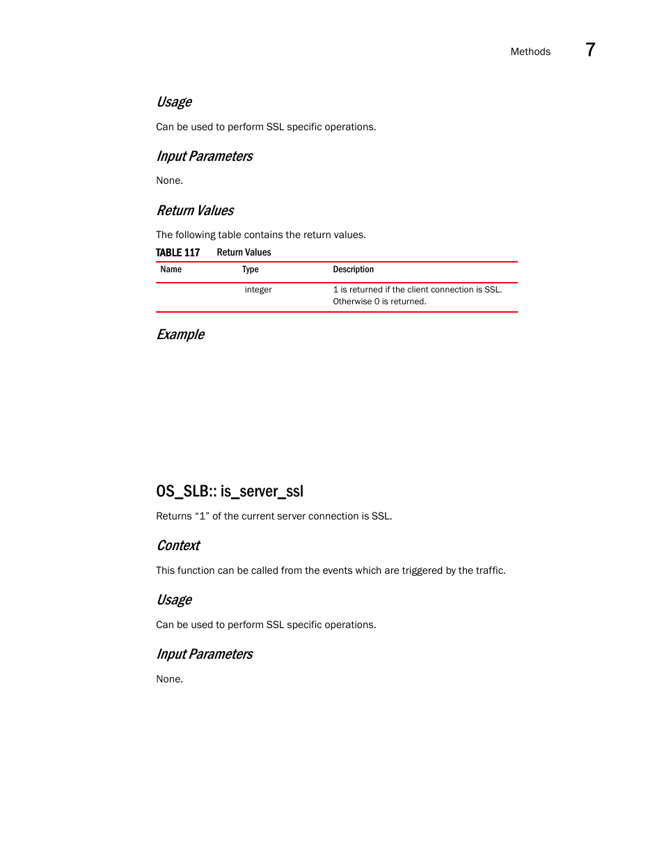 Os_slb:: is_server_ssl, Usage, Input parameters | Return values, Example, Context | Brocade Virtual ADX OpenScript API Guide (Supporting ADX v03.1.00) User Manual | Page 107 / 132