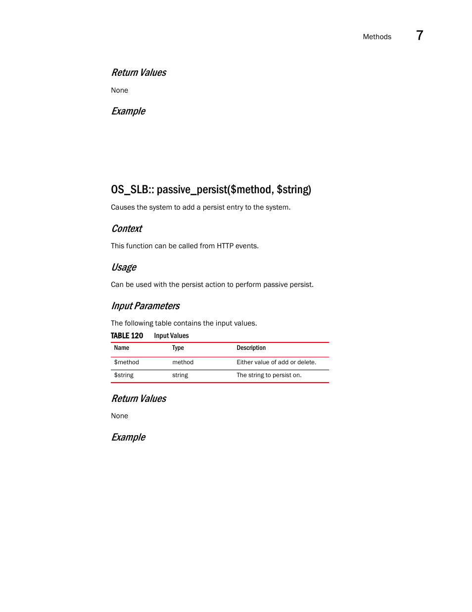 Os_slb:: passive_persist($method, $string), Return values, Example | Context, Usage, Input parameters | Brocade Virtual ADX OpenScript API Guide (Supporting ADX v03.1.00) User Manual | Page 109 / 132