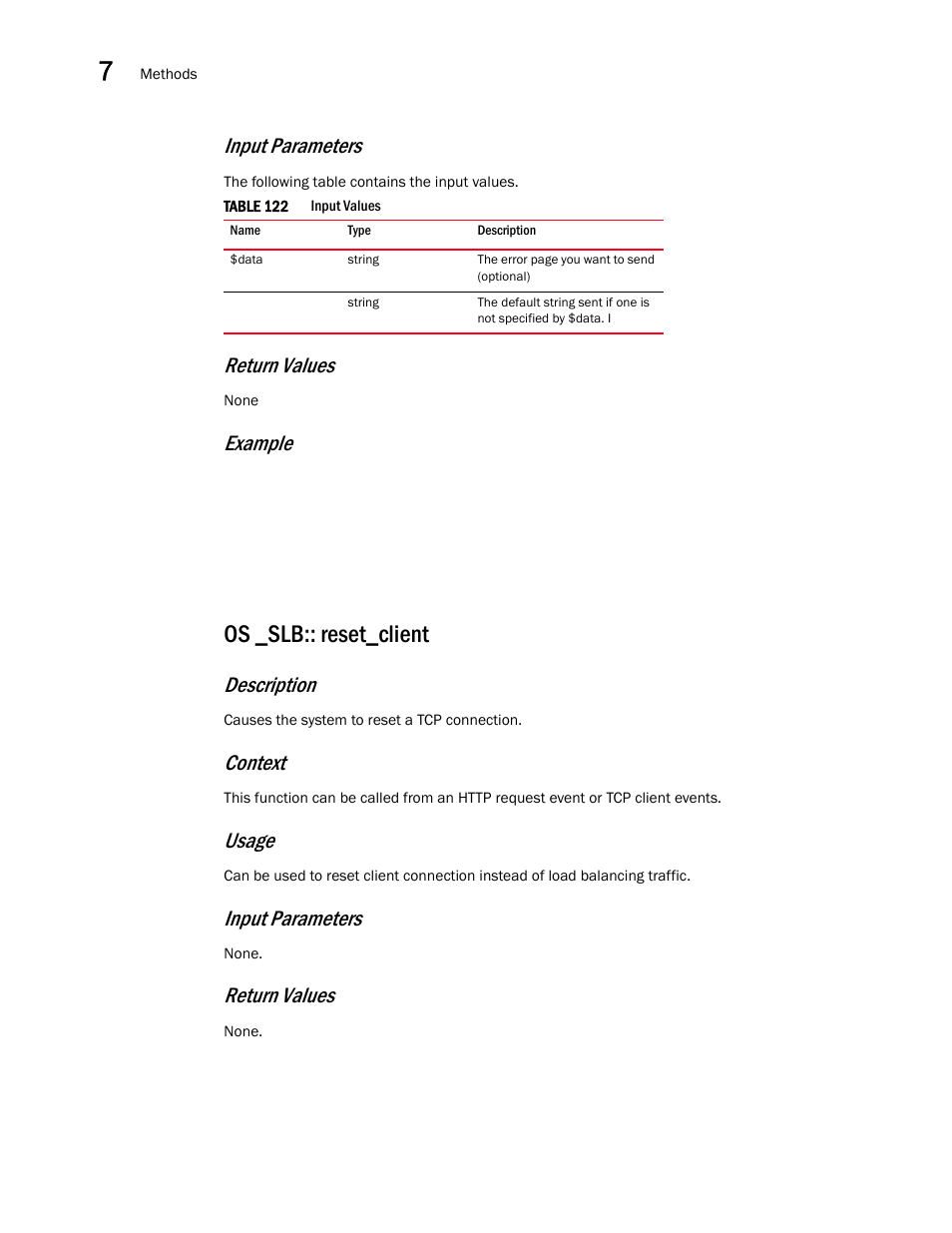 Os _slb:: reset_client, Input parameters, Return values | Example, Description, Context, Usage | Brocade Virtual ADX OpenScript API Guide (Supporting ADX v03.1.00) User Manual | Page 112 / 132