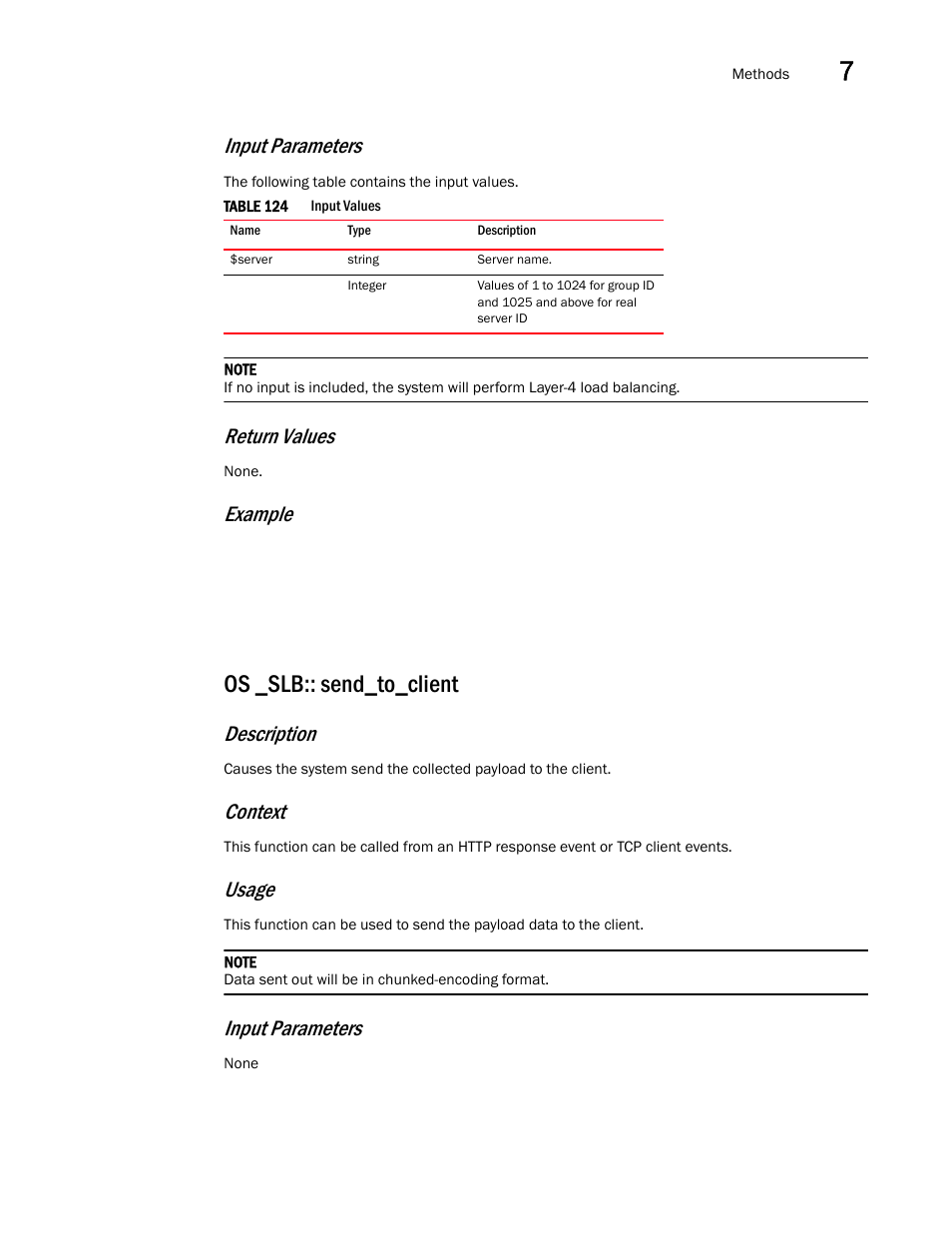Os _slb:: send_to_client, Input parameters, Return values | Example, Description, Context, Usage | Brocade Virtual ADX OpenScript API Guide (Supporting ADX v03.1.00) User Manual | Page 115 / 132