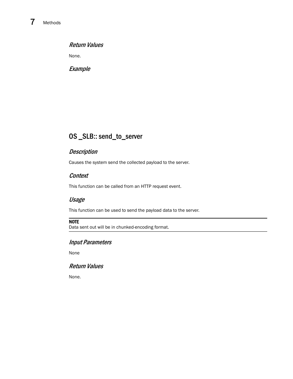 Os _slb:: send_to_server, Return values, Example | Description, Context, Usage, Input parameters | Brocade Virtual ADX OpenScript API Guide (Supporting ADX v03.1.00) User Manual | Page 116 / 132