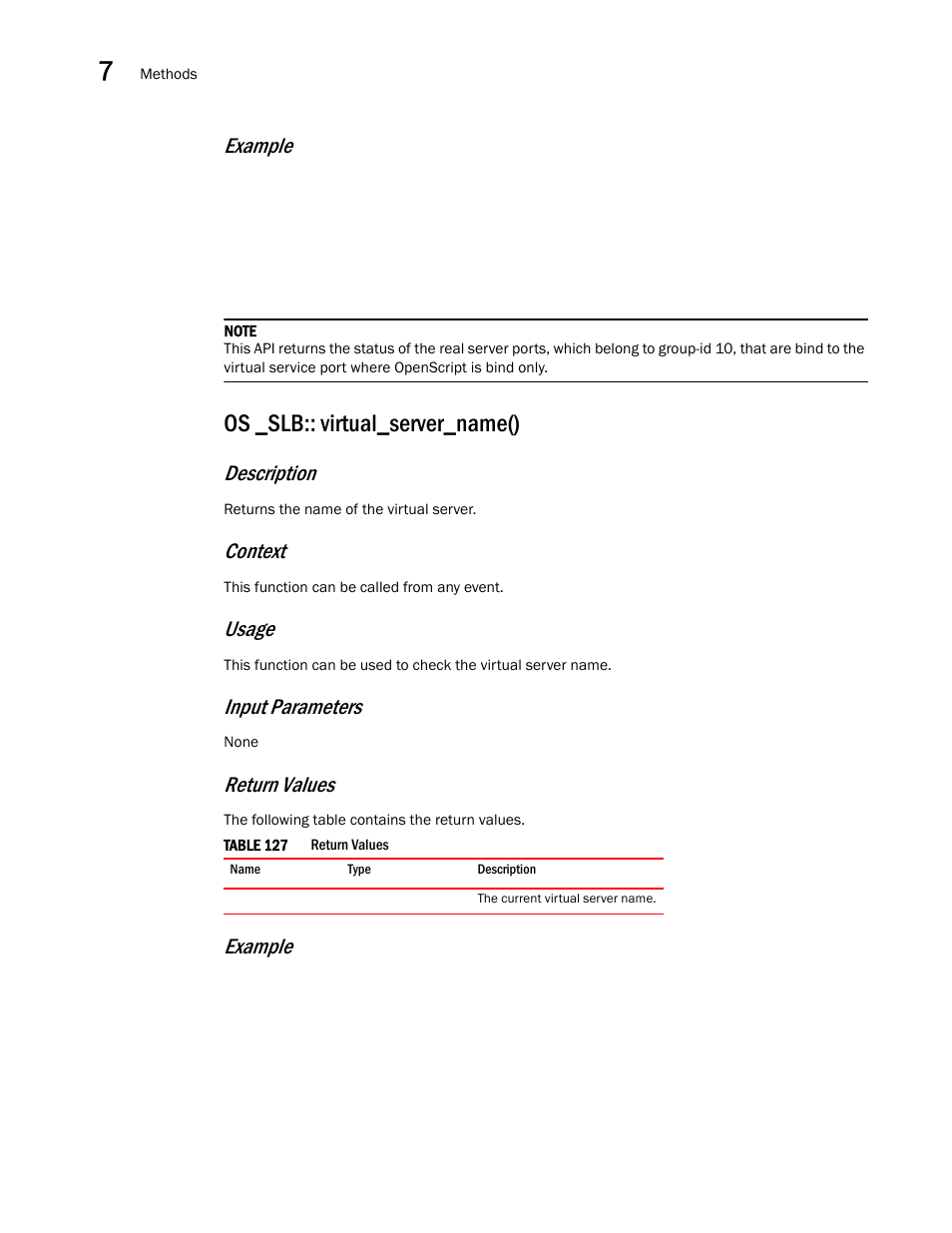 Os _slb:: virtual_server_name(), Example, Description | Context, Usage, Input parameters, Return values | Brocade Virtual ADX OpenScript API Guide (Supporting ADX v03.1.00) User Manual | Page 118 / 132