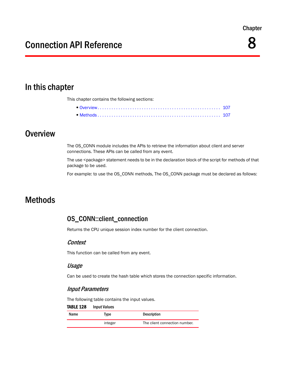 Connection api reference, Overview, Methods | Os_conn::client_connection, Chapter 8, Context, Usage, Input parameters | Brocade Virtual ADX OpenScript API Guide (Supporting ADX v03.1.00) User Manual | Page 119 / 132