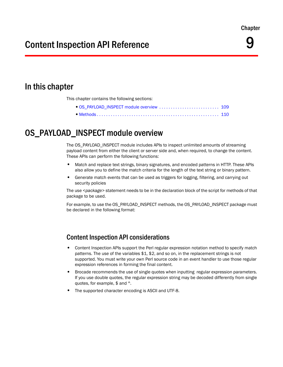 Content inspection api reference, Os_payload_inspect module overview, Content inspection api considerations | Chapter 9 | Brocade Virtual ADX OpenScript API Guide (Supporting ADX v03.1.00) User Manual | Page 121 / 132