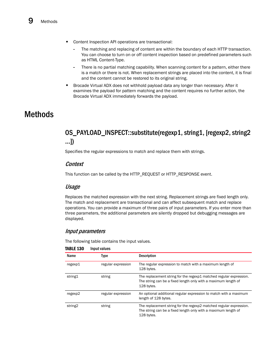 Methods, Context, Usage | Input parameters | Brocade Virtual ADX OpenScript API Guide (Supporting ADX v03.1.00) User Manual | Page 122 / 132