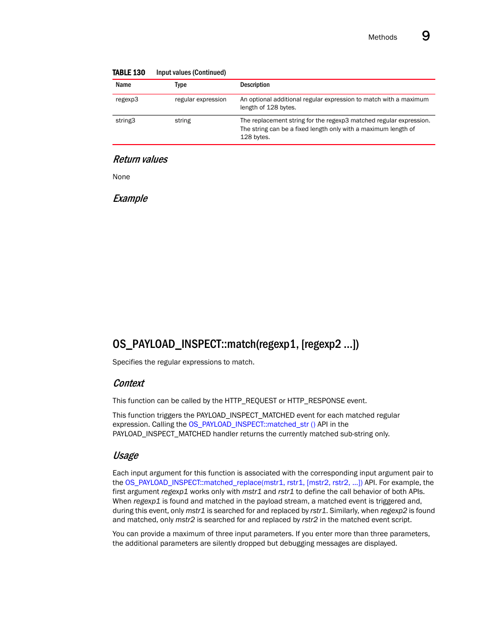 Os_payload_inspect::match(regexp1, [regexp2 …]), Return values, Example | Context, Usage | Brocade Virtual ADX OpenScript API Guide (Supporting ADX v03.1.00) User Manual | Page 123 / 132