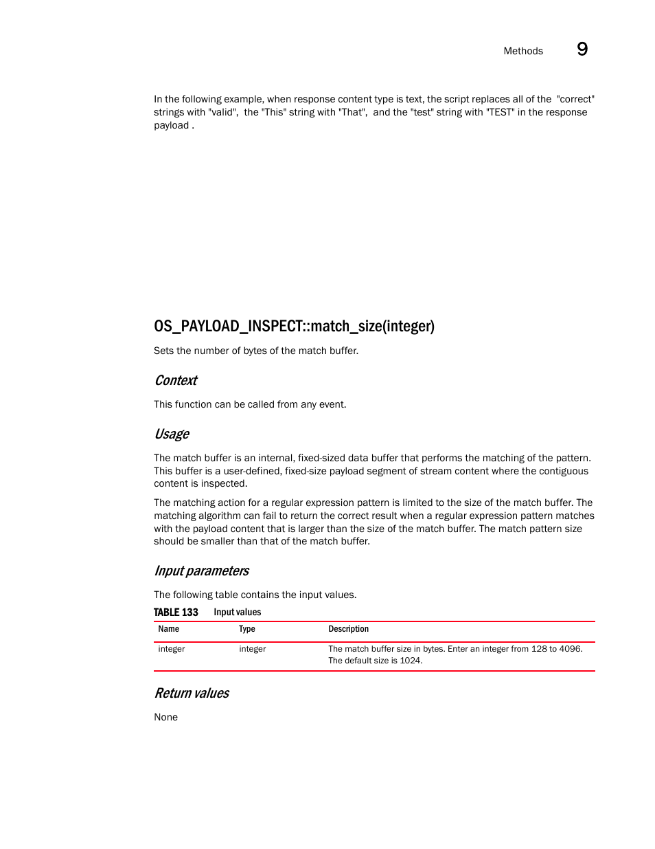 Os_payload_inspect::match_size(integer), Context, Usage | Input parameters, Return values | Brocade Virtual ADX OpenScript API Guide (Supporting ADX v03.1.00) User Manual | Page 127 / 132