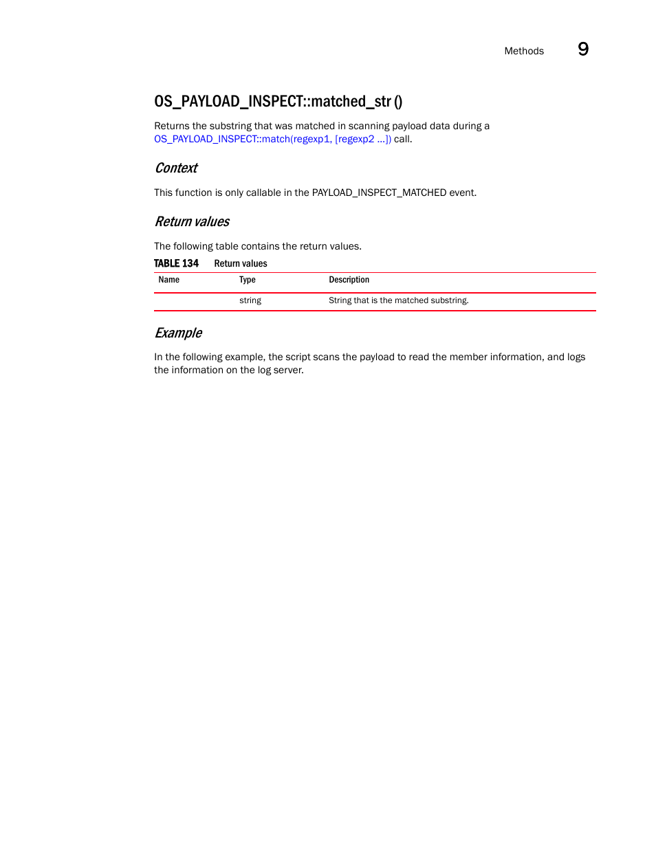 Os_payload_inspect::matched_str (), Context, Return values | Example | Brocade Virtual ADX OpenScript API Guide (Supporting ADX v03.1.00) User Manual | Page 129 / 132