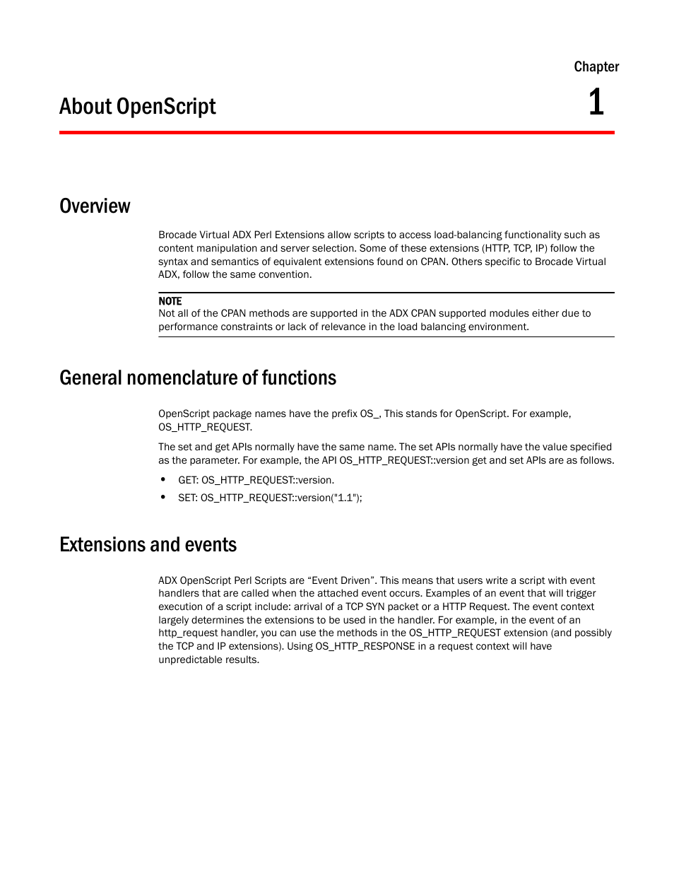 About openscript, Overview, General nomenclature of functions | Extensions and events, Chapter 1 | Brocade Virtual ADX OpenScript API Guide (Supporting ADX v03.1.00) User Manual | Page 13 / 132