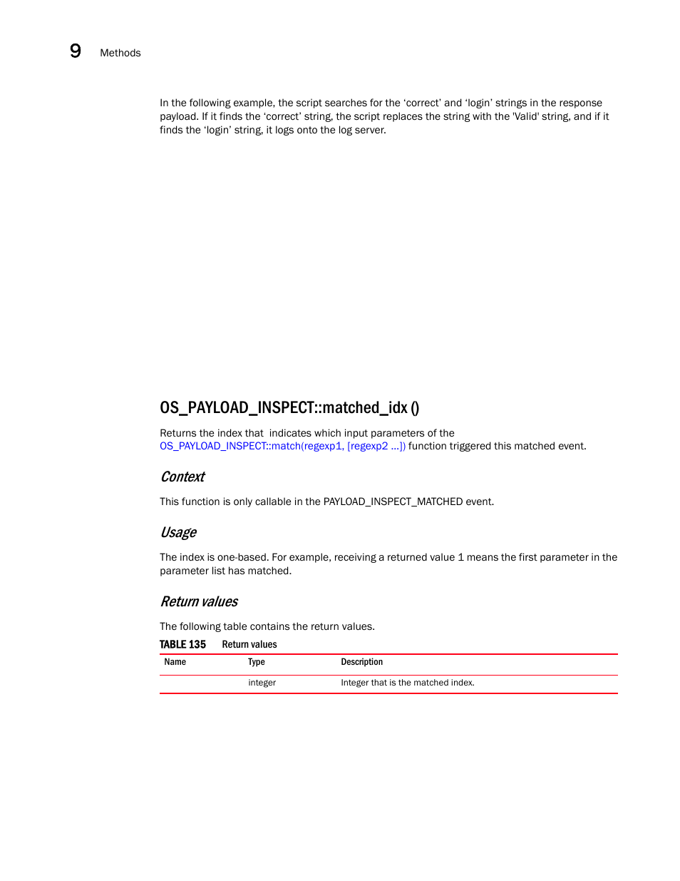 Os_payload_inspect::matched_idx (), Context, Usage | Return values | Brocade Virtual ADX OpenScript API Guide (Supporting ADX v03.1.00) User Manual | Page 130 / 132