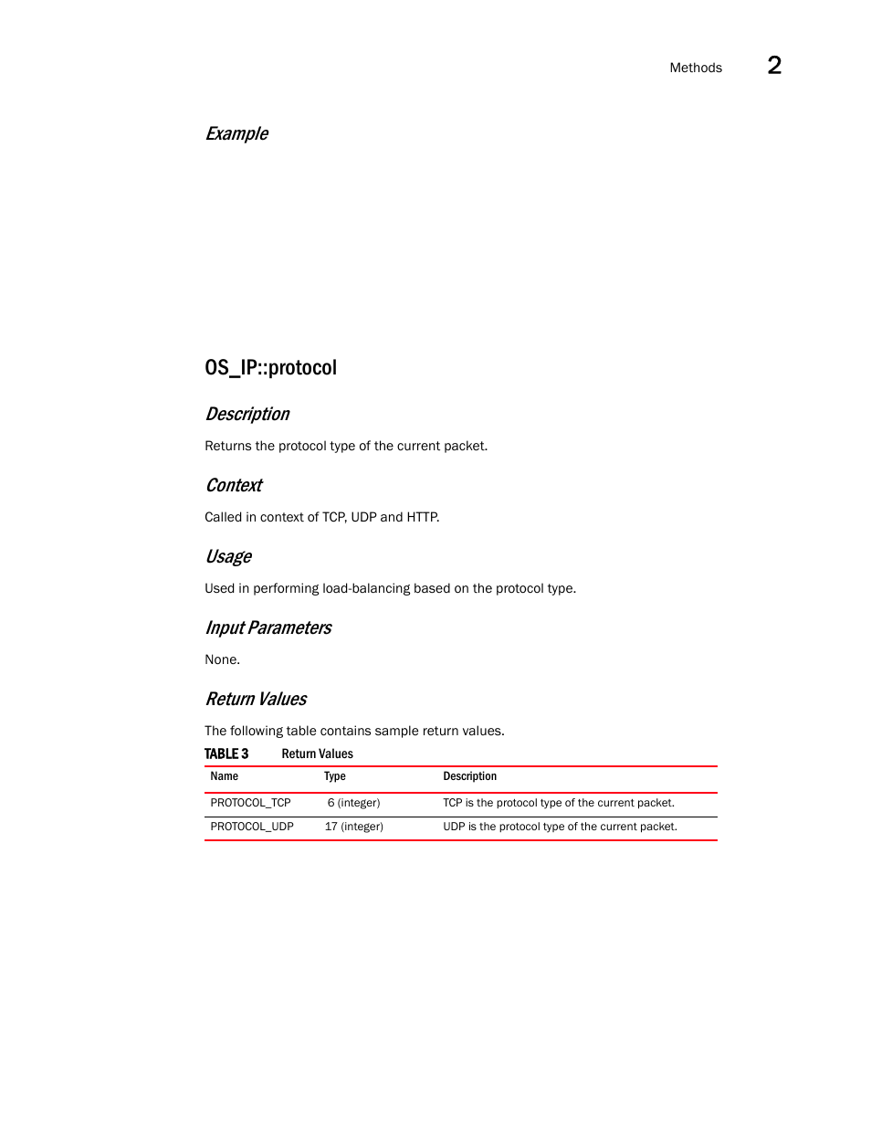 Os_ip::protocol, Example, Description | Context, Usage, Input parameters, Return values | Brocade Virtual ADX OpenScript API Guide (Supporting ADX v03.1.00) User Manual | Page 19 / 132