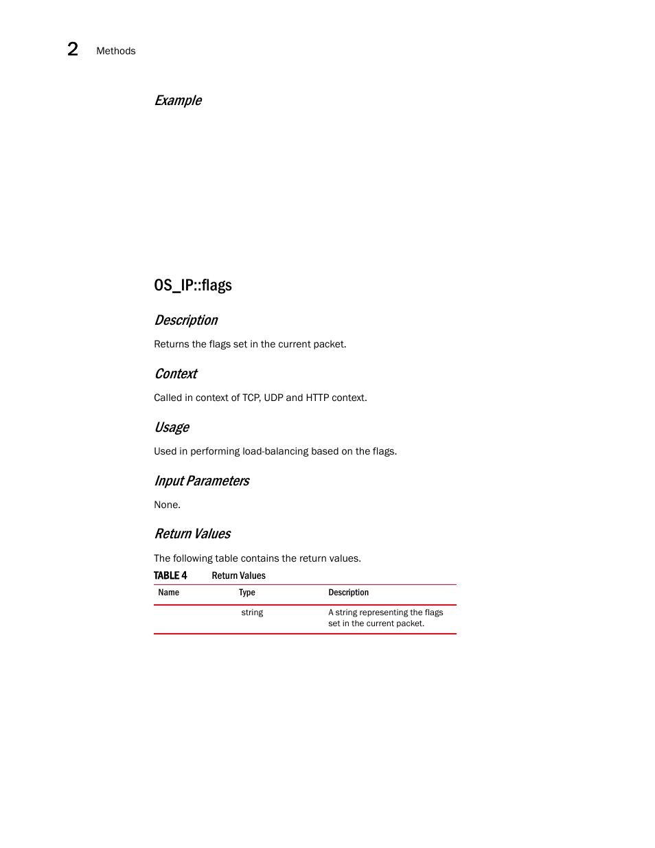 Os_ip::flags, Example, Description | Context, Usage, Input parameters, Return values | Brocade Virtual ADX OpenScript API Guide (Supporting ADX v03.1.00) User Manual | Page 20 / 132