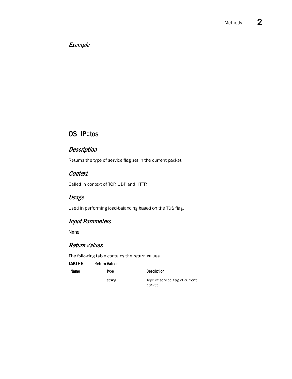 Os_ip::tos, Example, Description | Context, Usage, Input parameters, Return values | Brocade Virtual ADX OpenScript API Guide (Supporting ADX v03.1.00) User Manual | Page 21 / 132