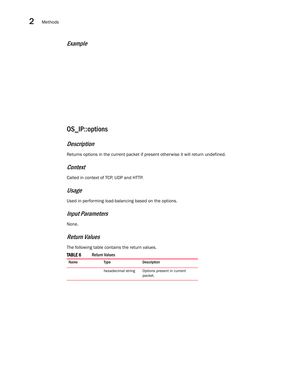 Os_ip::options, Example, Description | Context, Usage, Input parameters, Return values | Brocade Virtual ADX OpenScript API Guide (Supporting ADX v03.1.00) User Manual | Page 22 / 132