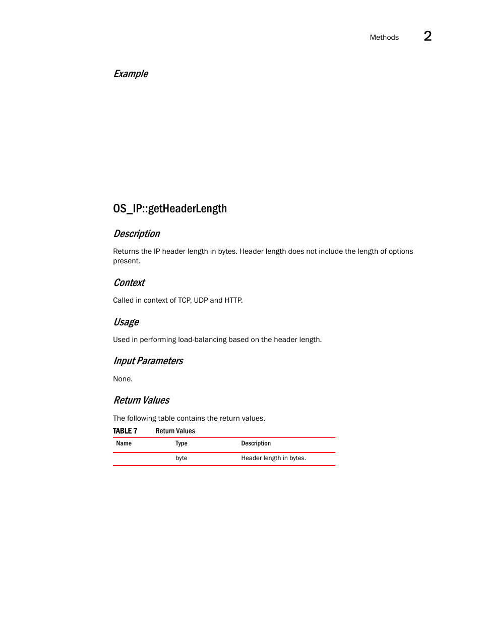 Os_ip::getheaderlength, Example, Description | Context, Usage, Input parameters, Return values | Brocade Virtual ADX OpenScript API Guide (Supporting ADX v03.1.00) User Manual | Page 23 / 132