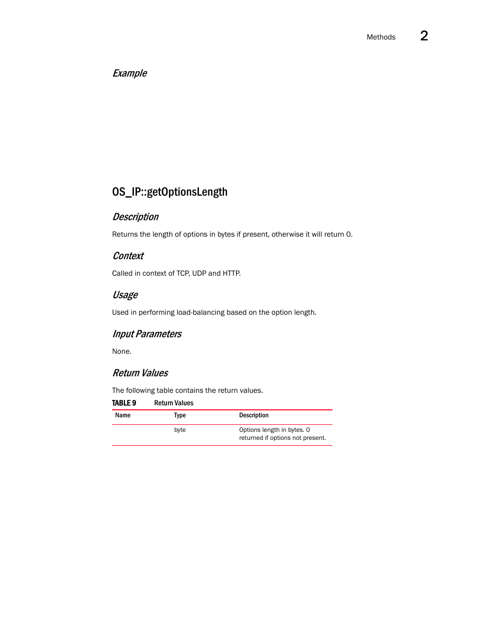 Os_ip::getoptionslength, Example, Description | Context, Usage, Input parameters, Return values | Brocade Virtual ADX OpenScript API Guide (Supporting ADX v03.1.00) User Manual | Page 25 / 132