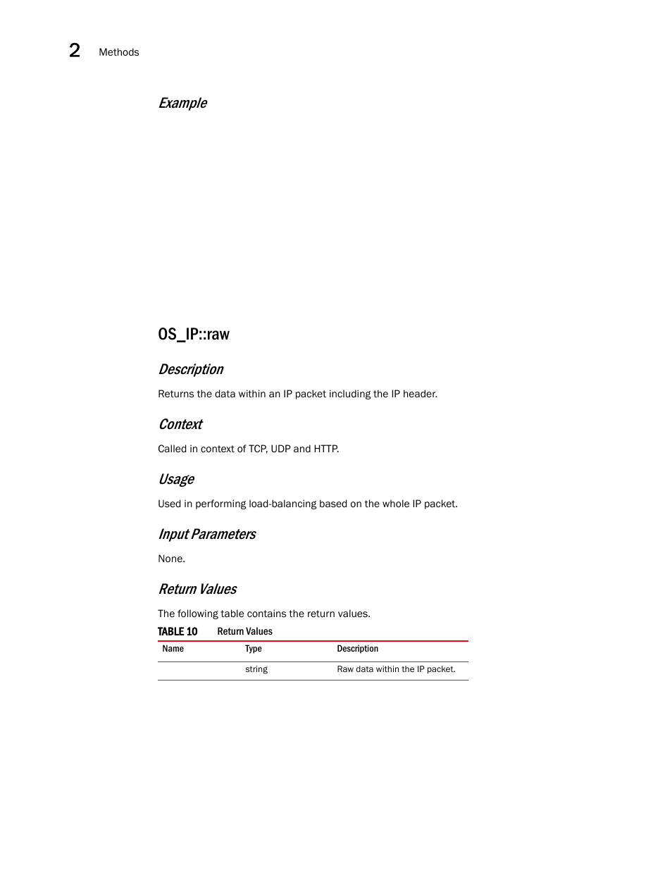 Os_ip::raw, Example, Description | Context, Usage, Input parameters, Return values | Brocade Virtual ADX OpenScript API Guide (Supporting ADX v03.1.00) User Manual | Page 26 / 132