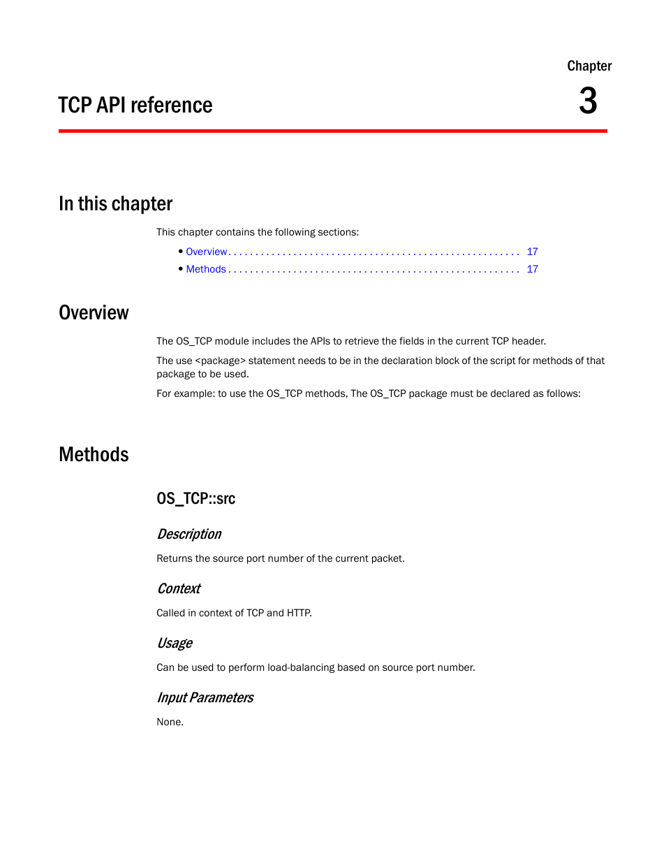Tcp api reference, Overview, Methods | Os_tcp::src, Chapter 3 | Brocade Virtual ADX OpenScript API Guide (Supporting ADX v03.1.00) User Manual | Page 29 / 132
