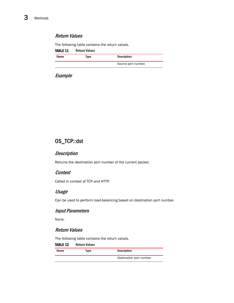 Os_tcp::dst, Return values, Example | Description, Context, Usage, Input parameters | Brocade Virtual ADX OpenScript API Guide (Supporting ADX v03.1.00) User Manual | Page 30 / 132