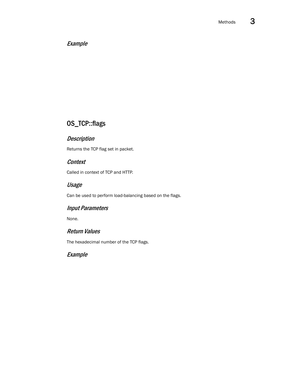 Os_tcp::flags, Example, Description | Context, Usage, Input parameters, Return values | Brocade Virtual ADX OpenScript API Guide (Supporting ADX v03.1.00) User Manual | Page 31 / 132