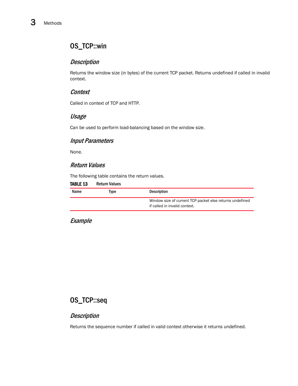 Os_tcp::win, Os_tcp::seq, Description | Context, Usage, Input parameters, Return values, Example | Brocade Virtual ADX OpenScript API Guide (Supporting ADX v03.1.00) User Manual | Page 32 / 132