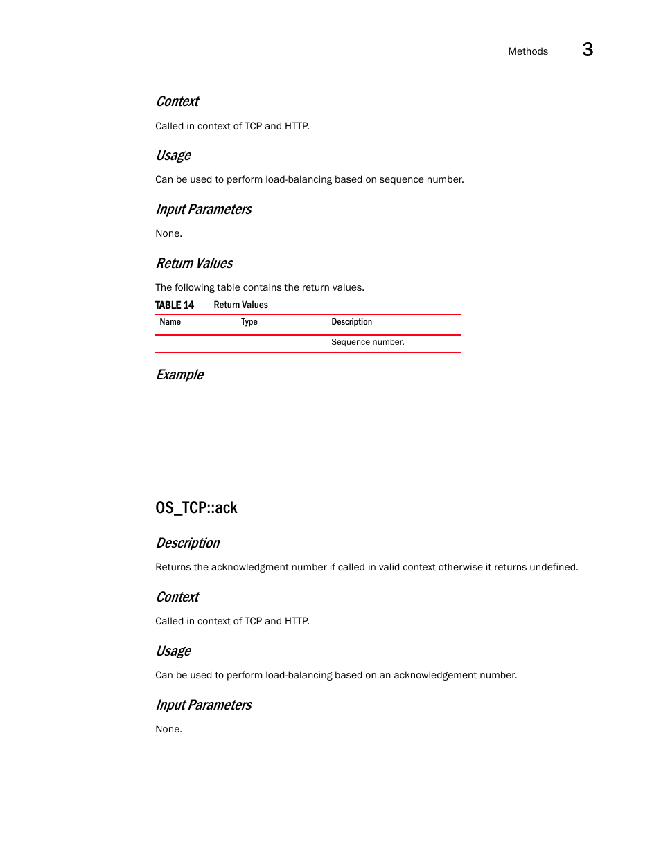 Os_tcp::ack, Context, Usage | Input parameters, Return values, Example, Description | Brocade Virtual ADX OpenScript API Guide (Supporting ADX v03.1.00) User Manual | Page 33 / 132