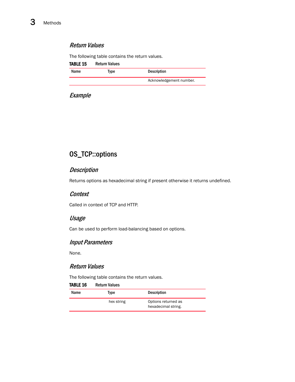 Os_tcp::options, Return values, Example | Description, Context, Usage, Input parameters | Brocade Virtual ADX OpenScript API Guide (Supporting ADX v03.1.00) User Manual | Page 34 / 132