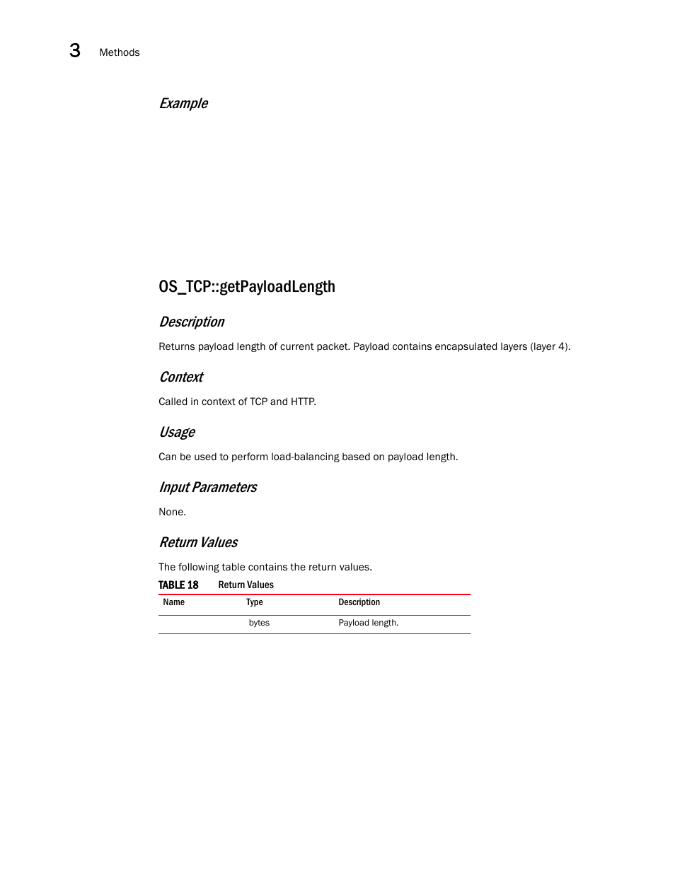 Os_tcp::getpayloadlength, Example, Description | Context, Usage, Input parameters, Return values | Brocade Virtual ADX OpenScript API Guide (Supporting ADX v03.1.00) User Manual | Page 36 / 132
