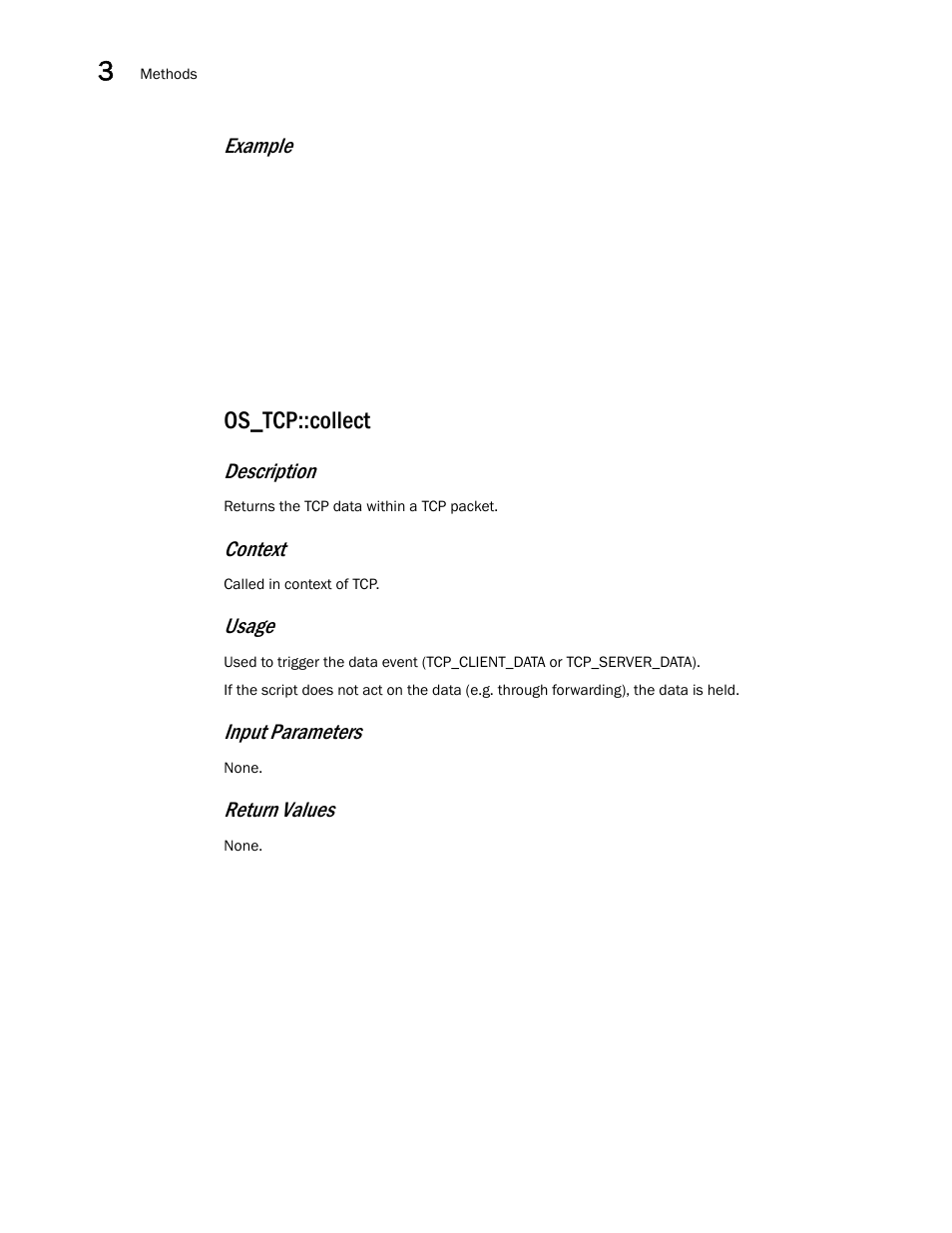 Os_tcp::collect, Example, Description | Context, Usage, Input parameters, Return values | Brocade Virtual ADX OpenScript API Guide (Supporting ADX v03.1.00) User Manual | Page 38 / 132