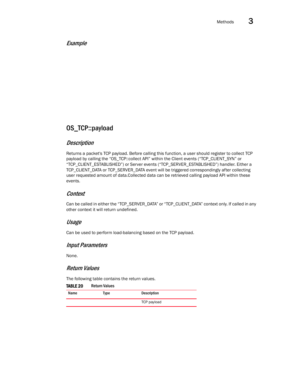 Os_tcp::payload, Example, Description | Context, Usage, Input parameters, Return values | Brocade Virtual ADX OpenScript API Guide (Supporting ADX v03.1.00) User Manual | Page 39 / 132