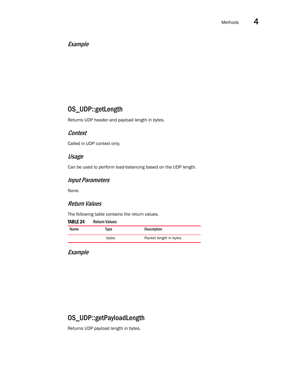 Os_udp::getlength, Os_udp::getpayloadlength, Example | Context, Usage, Input parameters, Return values | Brocade Virtual ADX OpenScript API Guide (Supporting ADX v03.1.00) User Manual | Page 45 / 132