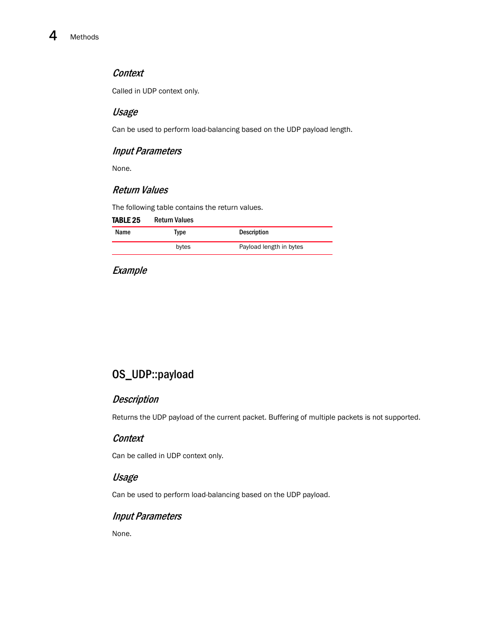 Os_udp::payload, Context, Usage | Input parameters, Return values, Example, Description | Brocade Virtual ADX OpenScript API Guide (Supporting ADX v03.1.00) User Manual | Page 46 / 132