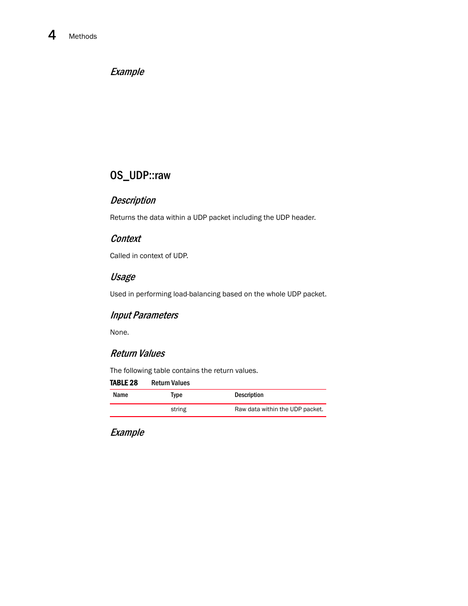 Os_udp::raw, Example, Description | Context, Usage, Input parameters, Return values | Brocade Virtual ADX OpenScript API Guide (Supporting ADX v03.1.00) User Manual | Page 48 / 132