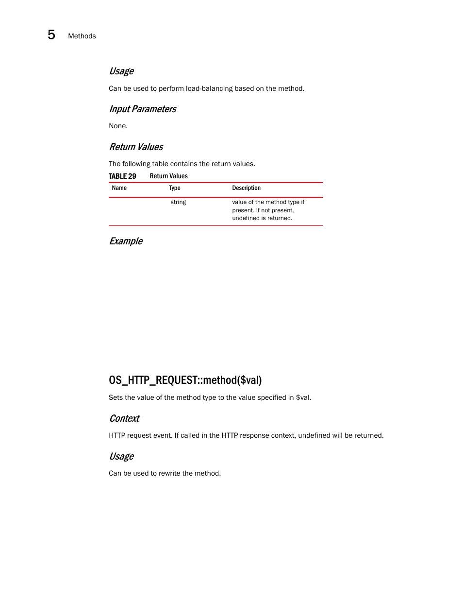 Os_http_request::method($val), Usage, Input parameters | Return values, Example, Context | Brocade Virtual ADX OpenScript API Guide (Supporting ADX v03.1.00) User Manual | Page 50 / 132