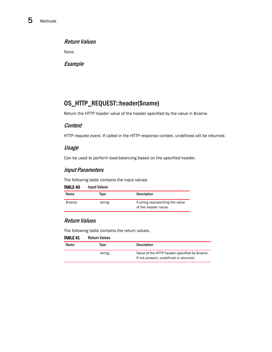 Os_http_request::header($name), Return values, Example | Context, Usage, Input parameters | Brocade Virtual ADX OpenScript API Guide (Supporting ADX v03.1.00) User Manual | Page 58 / 132