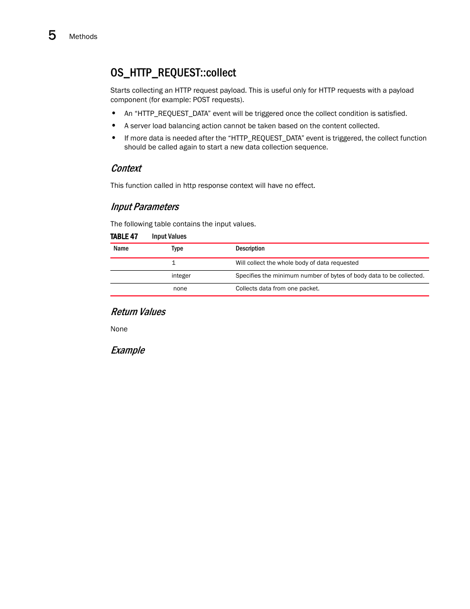 Os_http_request::collect, Context, Input parameters | Return values, Example | Brocade Virtual ADX OpenScript API Guide (Supporting ADX v03.1.00) User Manual | Page 62 / 132