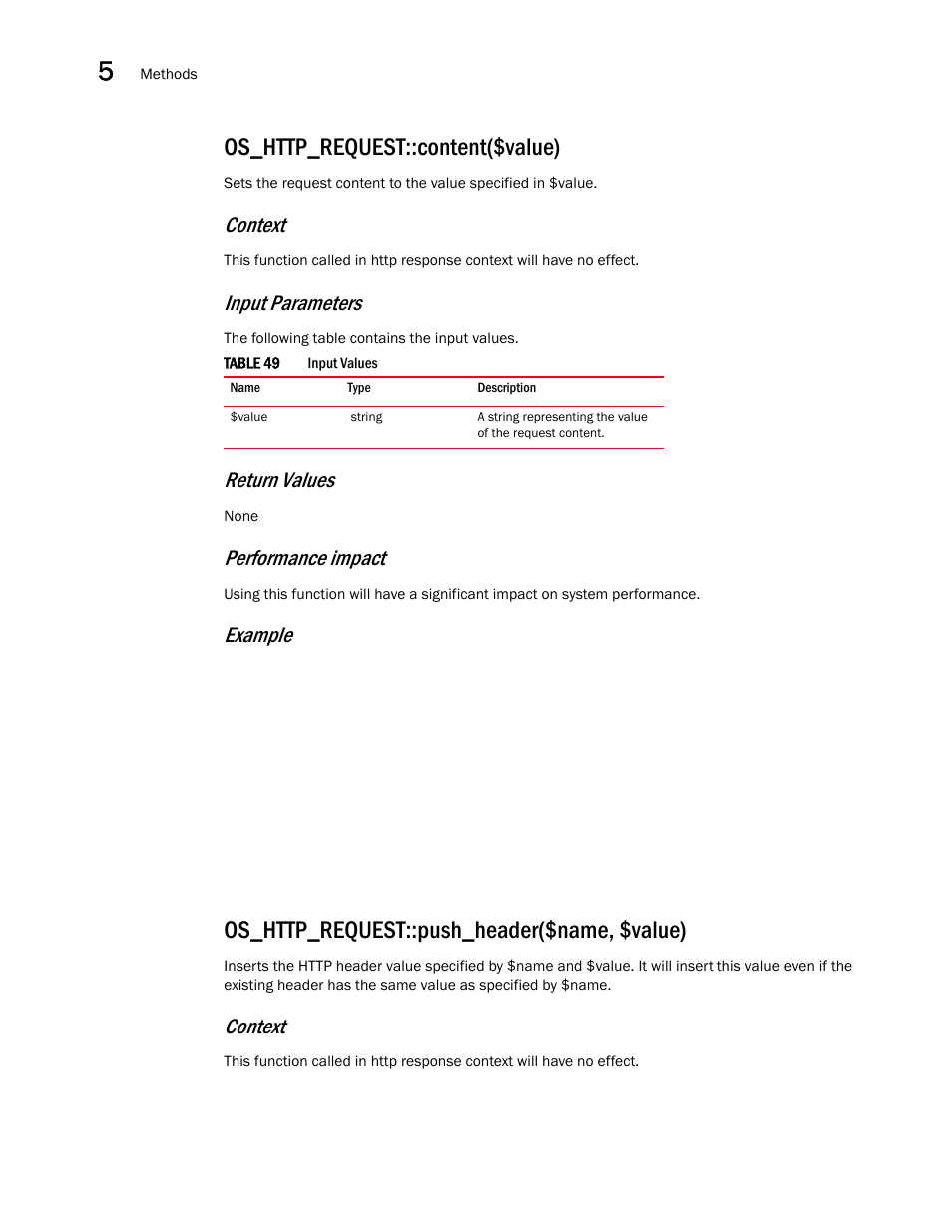 Os_http_request::content($value), Os_http_request::push_header($name, $value), Context | Input parameters, Return values, Performance impact, Example | Brocade Virtual ADX OpenScript API Guide (Supporting ADX v03.1.00) User Manual | Page 64 / 132