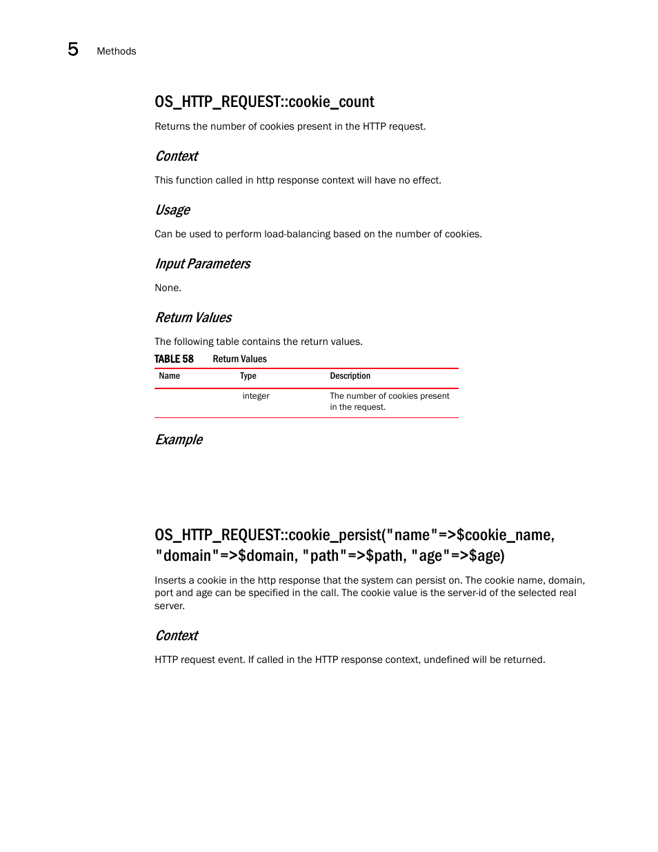 Os_http_request::cookie_count, Context, Usage | Input parameters, Return values, Example | Brocade Virtual ADX OpenScript API Guide (Supporting ADX v03.1.00) User Manual | Page 70 / 132