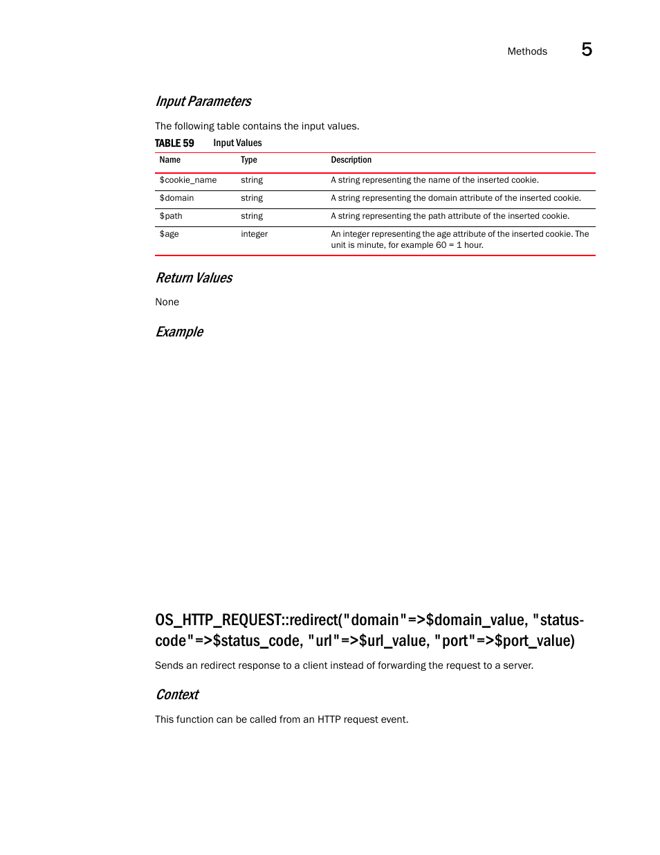 Input parameters, Return values, Example | Context | Brocade Virtual ADX OpenScript API Guide (Supporting ADX v03.1.00) User Manual | Page 71 / 132