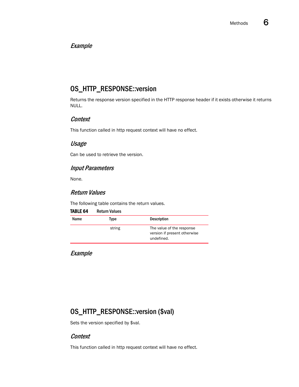Os_http_response::version, Os_http_response::version ($val), Example | Context, Usage, Input parameters, Return values | Brocade Virtual ADX OpenScript API Guide (Supporting ADX v03.1.00) User Manual | Page 77 / 132