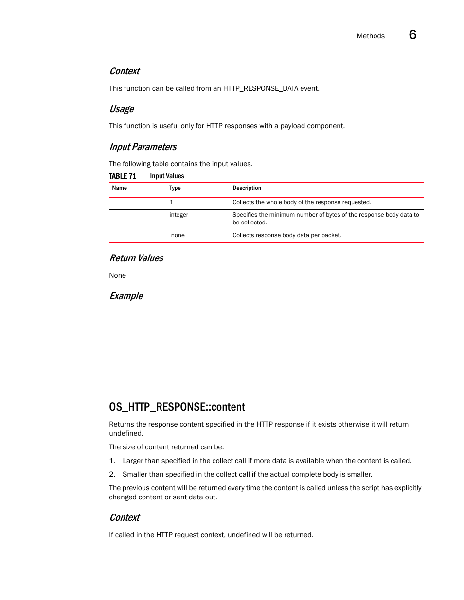 Os_http_response::content, Context, Usage | Input parameters, Return values, Example | Brocade Virtual ADX OpenScript API Guide (Supporting ADX v03.1.00) User Manual | Page 81 / 132