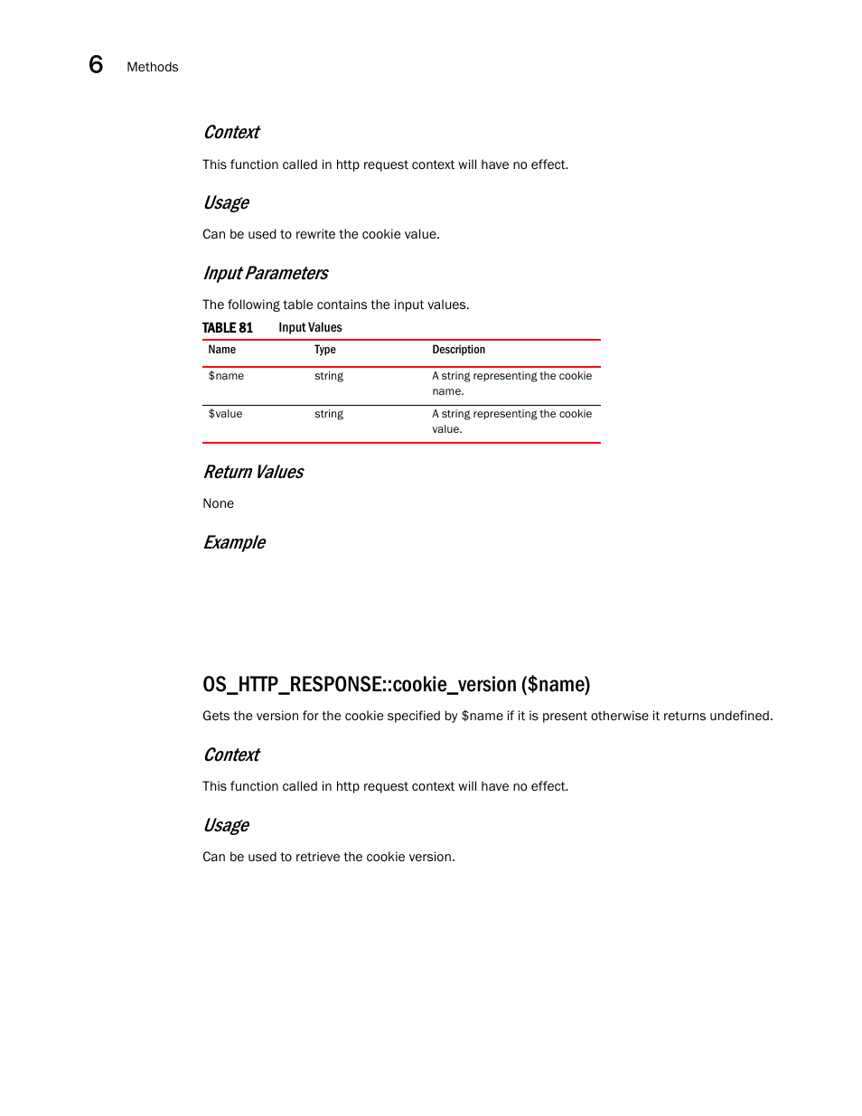 Os_http_response::cookie_version ($name), Context, Usage | Input parameters, Return values, Example | Brocade Virtual ADX OpenScript API Guide (Supporting ADX v03.1.00) User Manual | Page 88 / 132