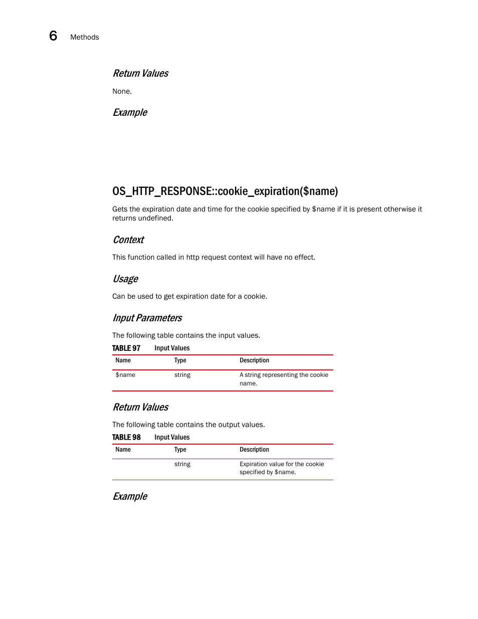 Os_http_response::cookie_expiration($name), Return values, Example | Context, Usage, Input parameters | Brocade Virtual ADX OpenScript API Guide (Supporting ADX v03.1.00) User Manual | Page 96 / 132