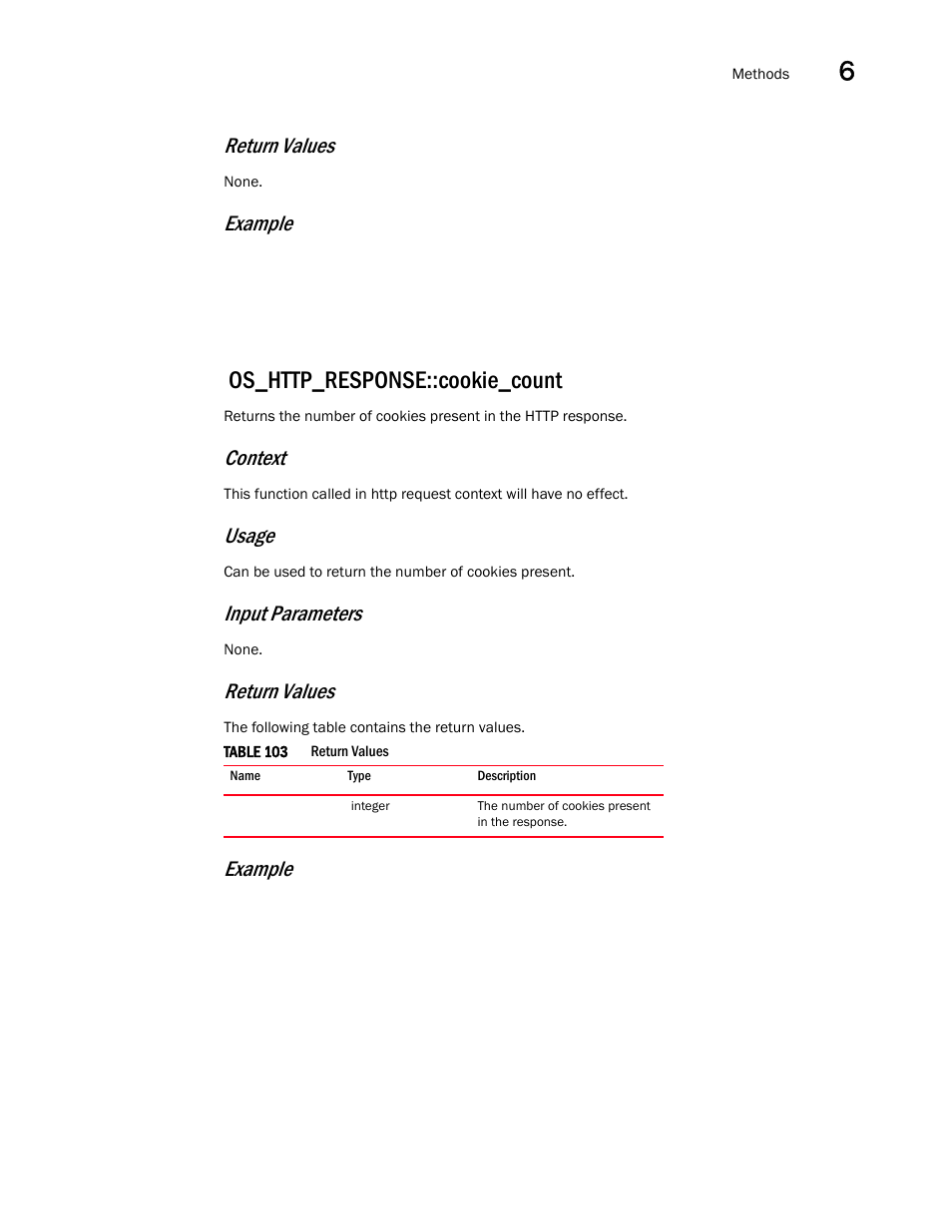 Os_http_response::cookie_count, Return values, Example | Context, Usage, Input parameters | Brocade Virtual ADX OpenScript API Guide (Supporting ADX v03.1.00) User Manual | Page 99 / 132