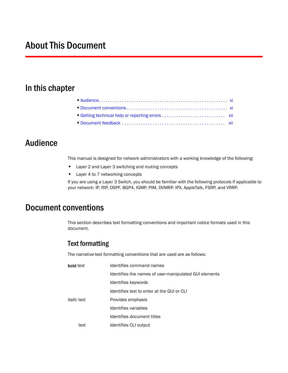 About this document, Audience, Document conventions | Text formatting | Brocade Virtual ADX MIB Reference (Supporting ADX v03.1.00) User Manual | Page 11 / 288