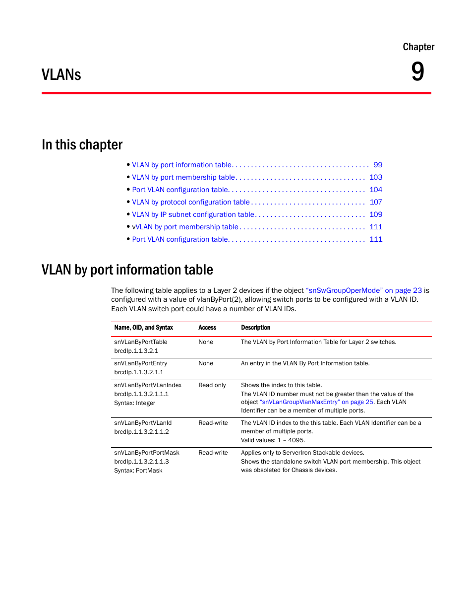 Vlans, Vlan by port information table, Chapter 9 | Chapter | Brocade Virtual ADX MIB Reference (Supporting ADX v03.1.00) User Manual | Page 111 / 288