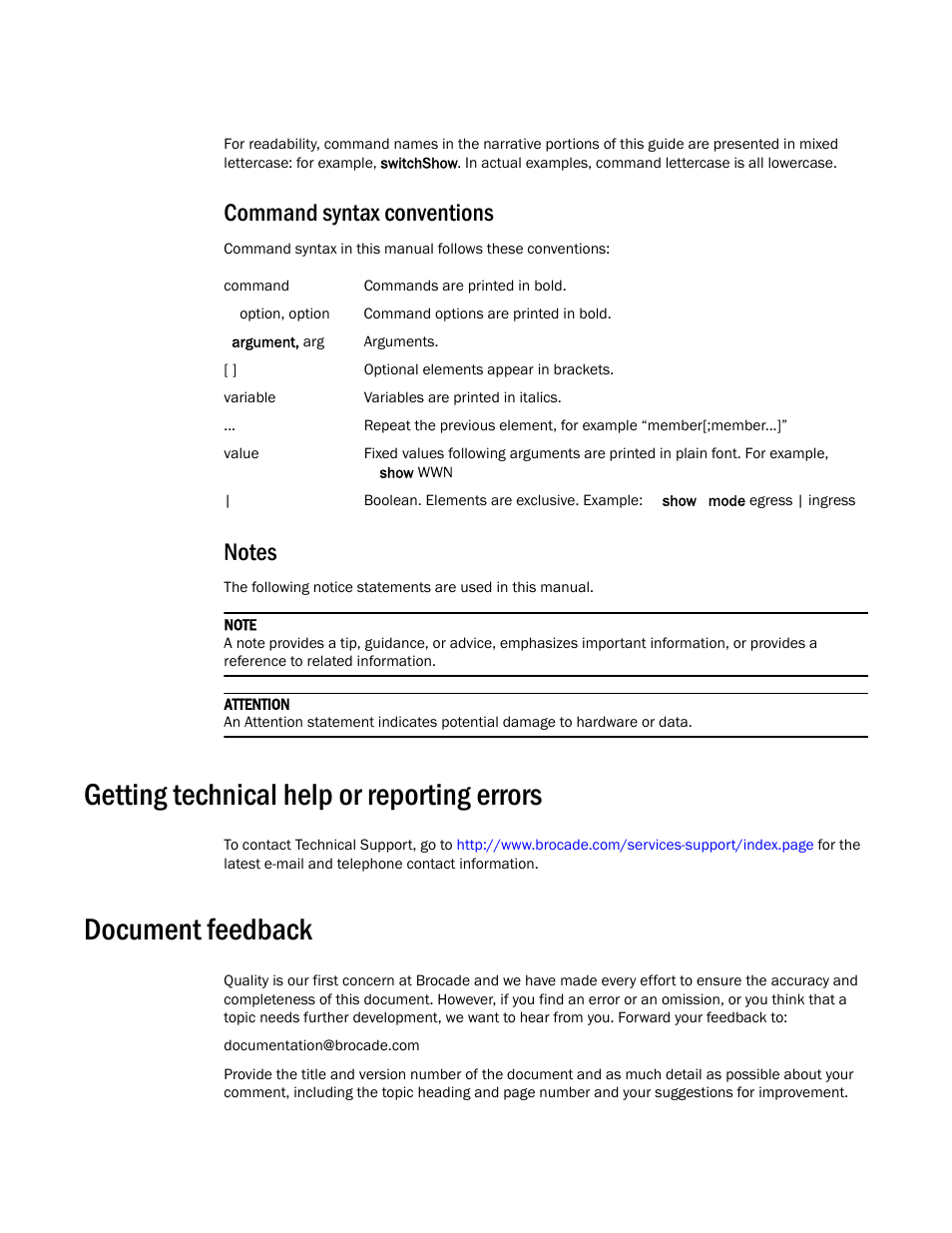 Command syntax conventions, Notes, Getting technical help or reporting errors | Document feedback | Brocade Virtual ADX MIB Reference (Supporting ADX v03.1.00) User Manual | Page 12 / 288