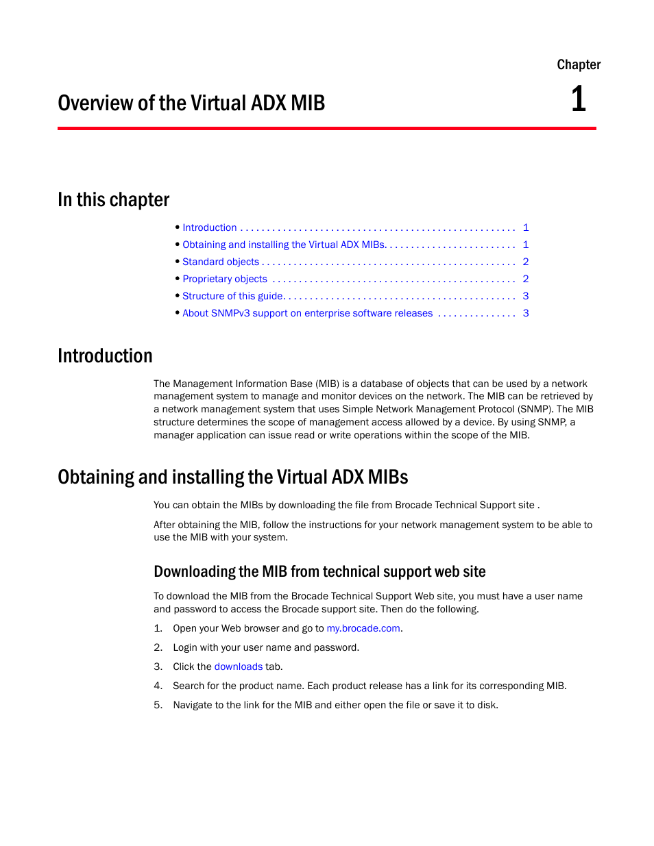 Overview of the virtual adx mib, Introduction, Obtaining and installing the virtual adx mibs | Chapter 1 | Brocade Virtual ADX MIB Reference (Supporting ADX v03.1.00) User Manual | Page 13 / 288